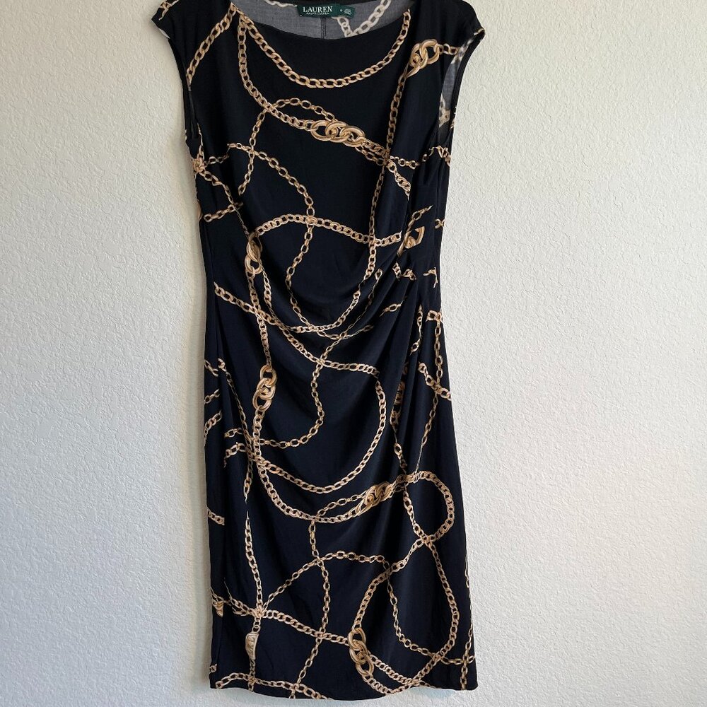 Lauren Ralph Lauren Dress Women sz 6 Black Gold Chain Print Classic Old Money - Picture 2 of 10